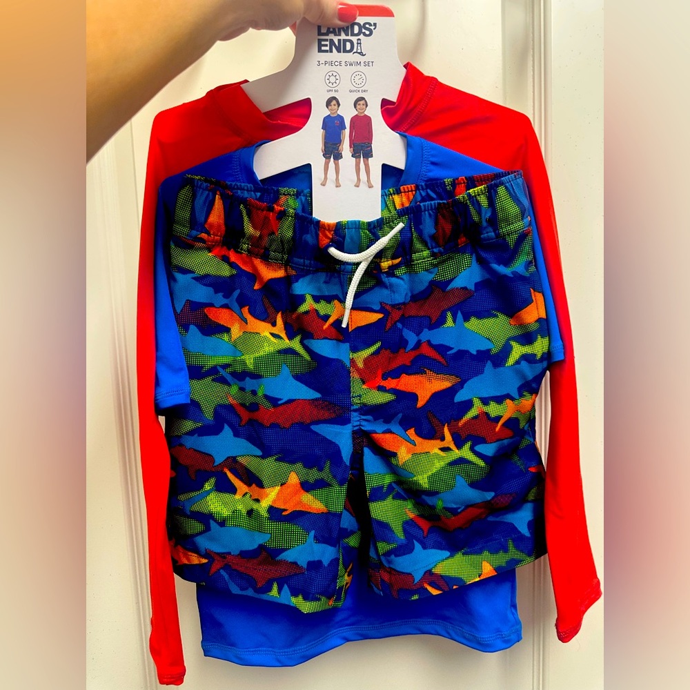 Lands End Kids 3 Piece Swim Red Long & Blue Short sleeve rash guard & shorts